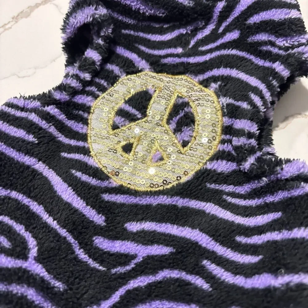 Fleece Dog Coat Jacket Sequins Peace Sign Tiger Striped Purple Black Gold Size S